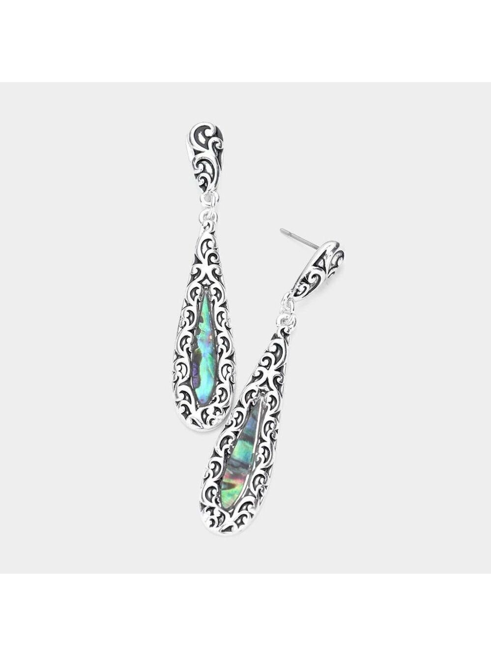 NEW Abalone Centered Embossed Metal Teardrop Dangle Earrings